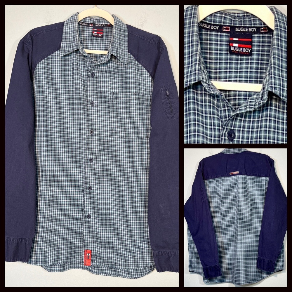 Vintage Bugle Boy Shirt Mens Large Button Up Windowpane Plaid 90s Streetwear